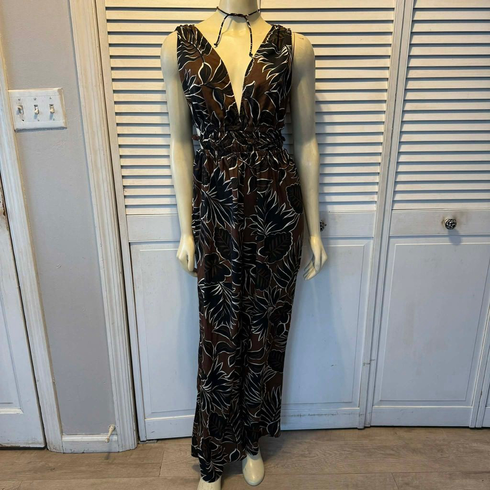 Women's Indulge Instyle Brown Black Leaf Print Jumpsuit L